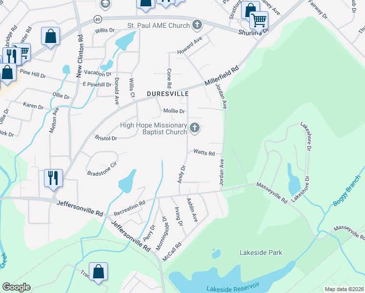 map of restaurants, bars, coffee shops, grocery stores, and more near 2722 Flewellyn Drive in Macon