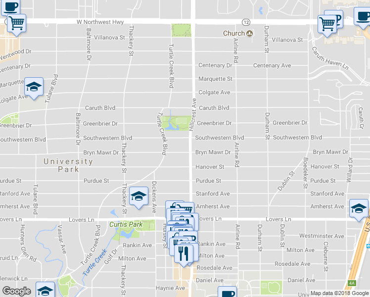 map of restaurants, bars, coffee shops, grocery stores, and more near 3404 Bryn Mawr Drive in Dallas