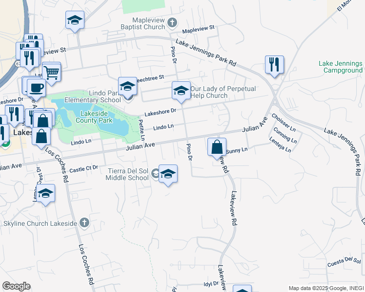 map of restaurants, bars, coffee shops, grocery stores, and more near 13135 Julian Avenue in Lakeside