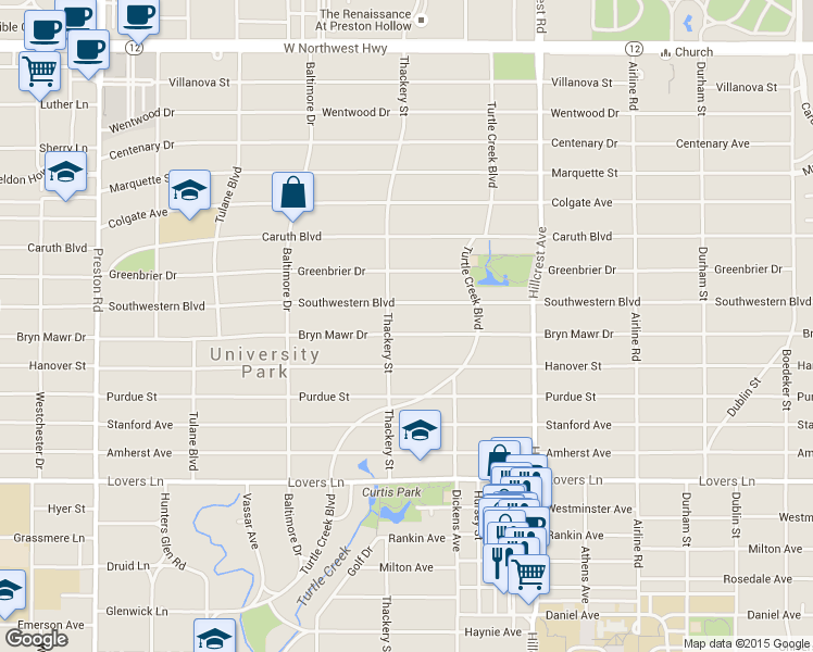 map of restaurants, bars, coffee shops, grocery stores, and more near 3540 Bryn Mawr Drive in Dallas