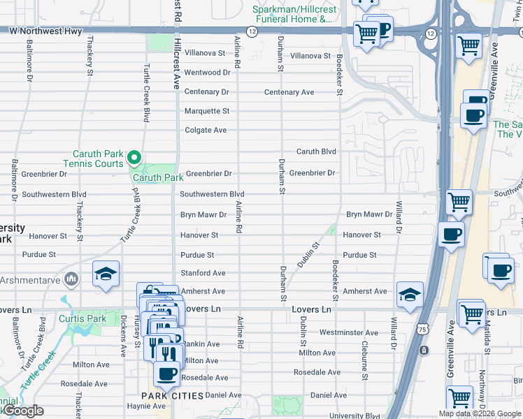 map of restaurants, bars, coffee shops, grocery stores, and more near 3120 Bryn Mawr Drive in Dallas