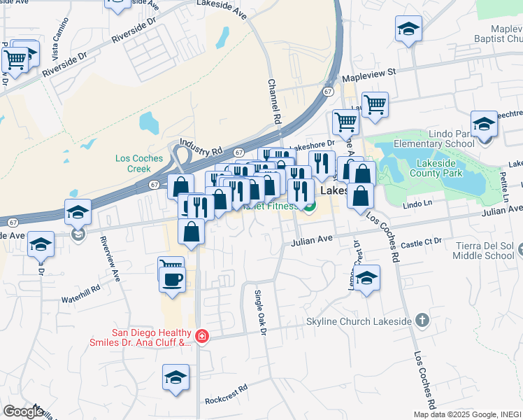 map of restaurants, bars, coffee shops, grocery stores, and more near 12243 Woodside Avenue in Lakeside