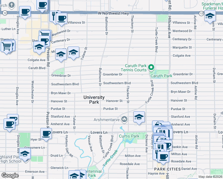 map of restaurants, bars, coffee shops, grocery stores, and more near 3636 Bryn Mawr Drive in Dallas