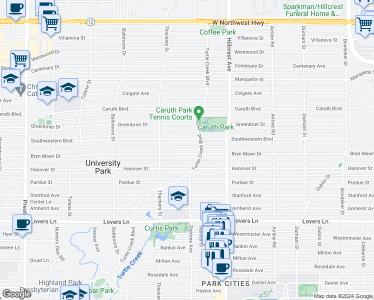 map of restaurants, bars, coffee shops, grocery stores, and more near 3512 Bryn Mawr Drive in Dallas