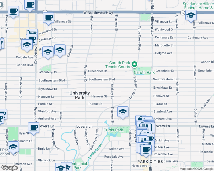map of restaurants, bars, coffee shops, grocery stores, and more near 3608 Bryn Mawr Drive in Dallas