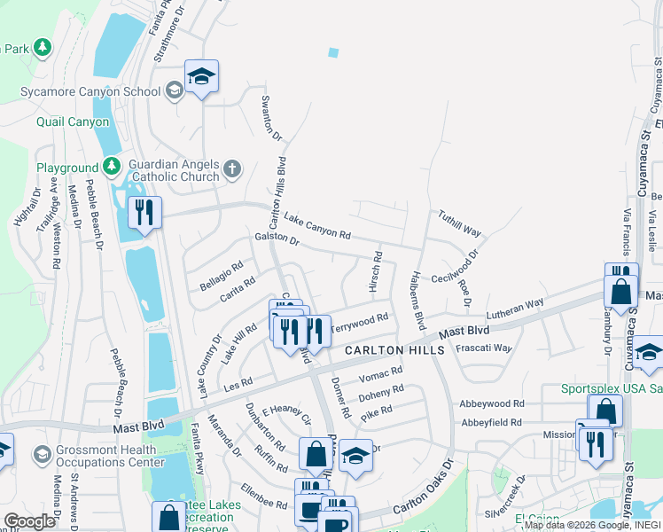 map of restaurants, bars, coffee shops, grocery stores, and more near 9477 Ronnie Court in Santee