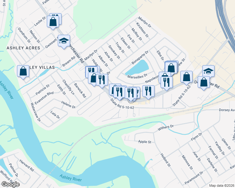 map of restaurants, bars, coffee shops, grocery stores, and more near 5210 Marginal Street in North Charleston