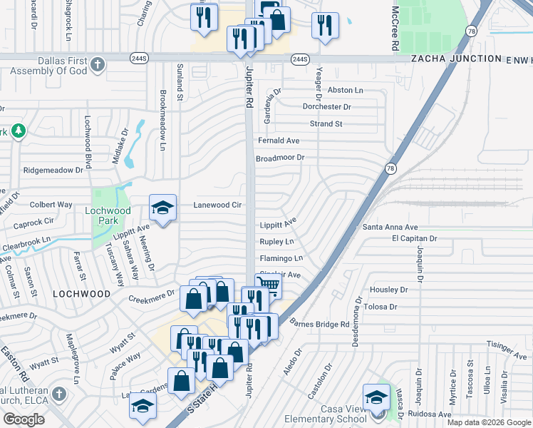 map of restaurants, bars, coffee shops, grocery stores, and more near 11413 Lippitt Avenue in Dallas