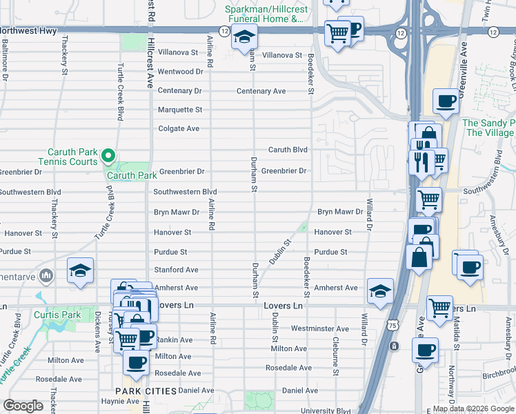 map of restaurants, bars, coffee shops, grocery stores, and more near 3024 Bryn Mawr Drive in Dallas