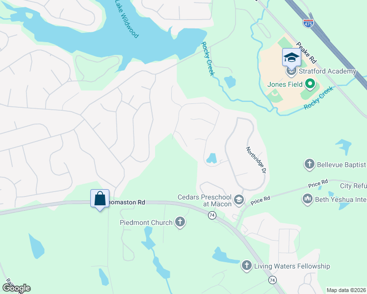 map of restaurants, bars, coffee shops, grocery stores, and more near 211 Baylor Court in Macon