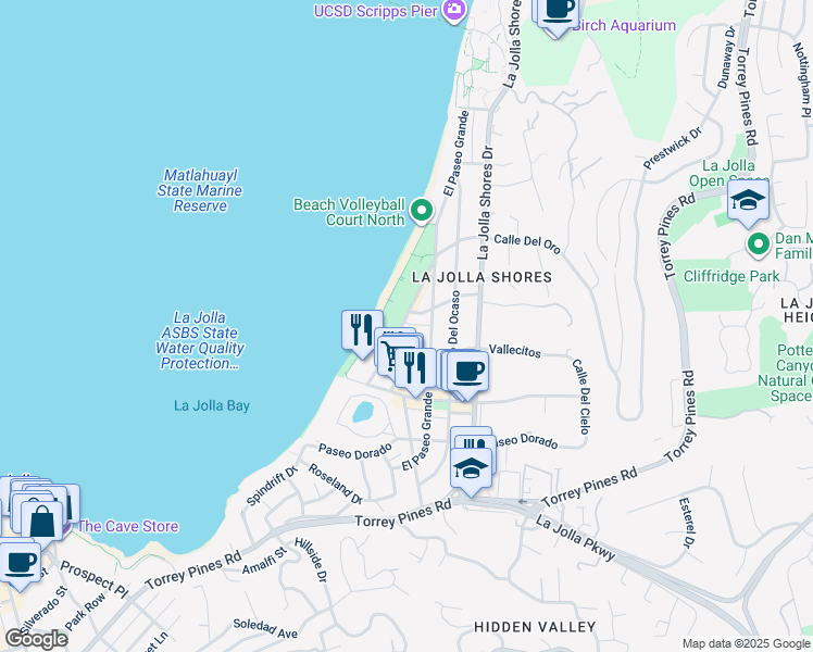 map of restaurants, bars, coffee shops, grocery stores, and more near 8281 Camino Del Oro in San Diego