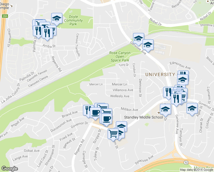 map of restaurants, bars, coffee shops, grocery stores, and more near 3211 Mercer Lane in San Diego