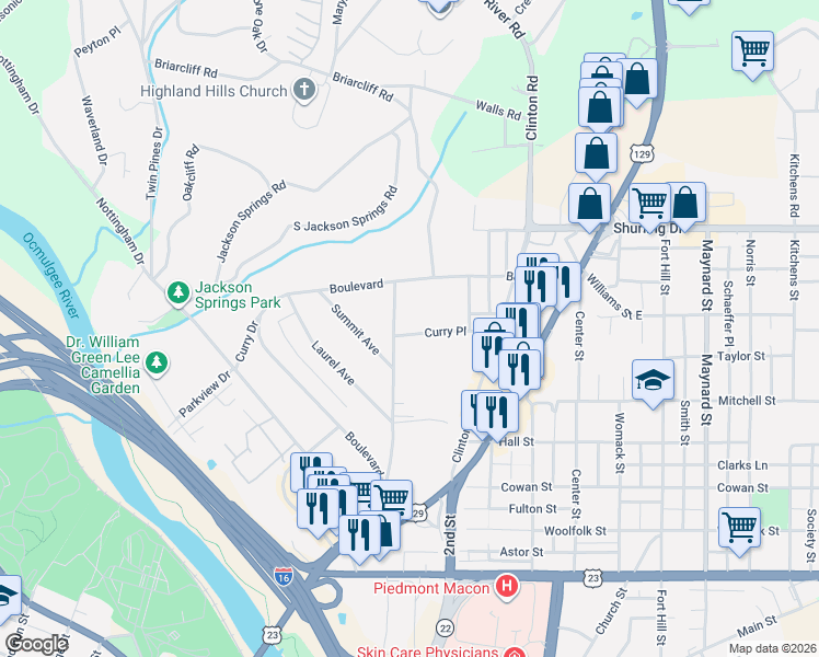 map of restaurants, bars, coffee shops, grocery stores, and more near 963 Curry Place in Macon