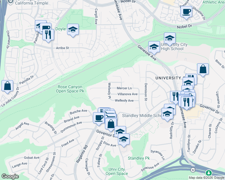map of restaurants, bars, coffee shops, grocery stores, and more near 3227 Mercer Lane in San Diego