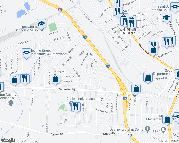 map of restaurants, bars, coffee shops, grocery stores, and more near 2674 Poplin Avenue in North Charleston