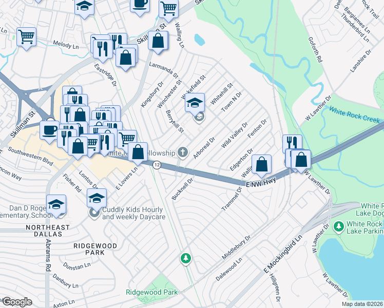 map of restaurants, bars, coffee shops, grocery stores, and more near 6841 Arboreal Drive in Dallas