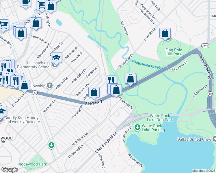map of restaurants, bars, coffee shops, grocery stores, and more near 7333 East Northwest Highway in Dallas