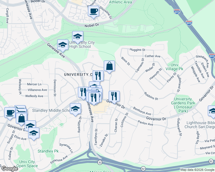 map of restaurants, bars, coffee shops, grocery stores, and more near 6477 Edmonton Avenue in San Diego