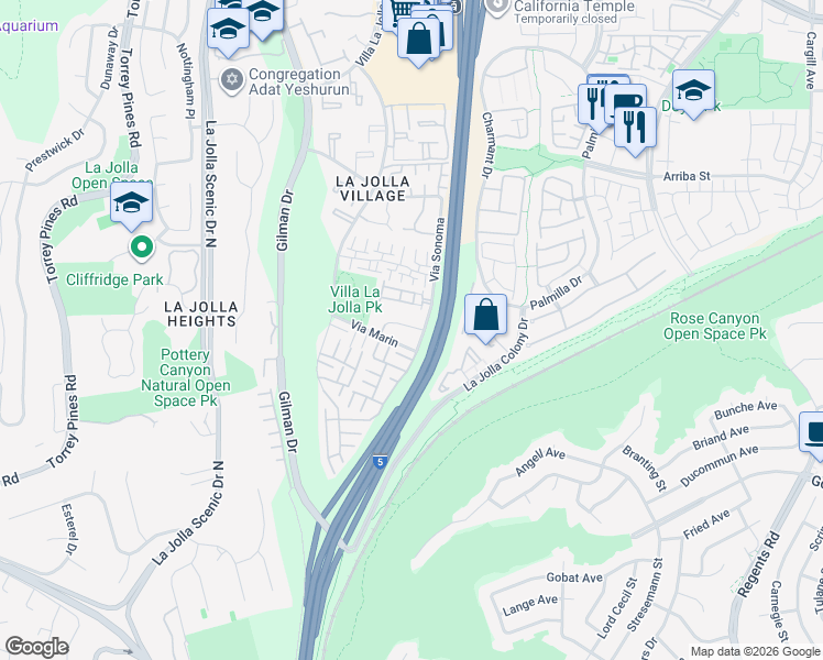 map of restaurants, bars, coffee shops, grocery stores, and more near 3276 Via Marin in San Diego
