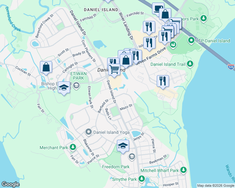 map of restaurants, bars, coffee shops, grocery stores, and more near 1098 Barfield Street in Charleston