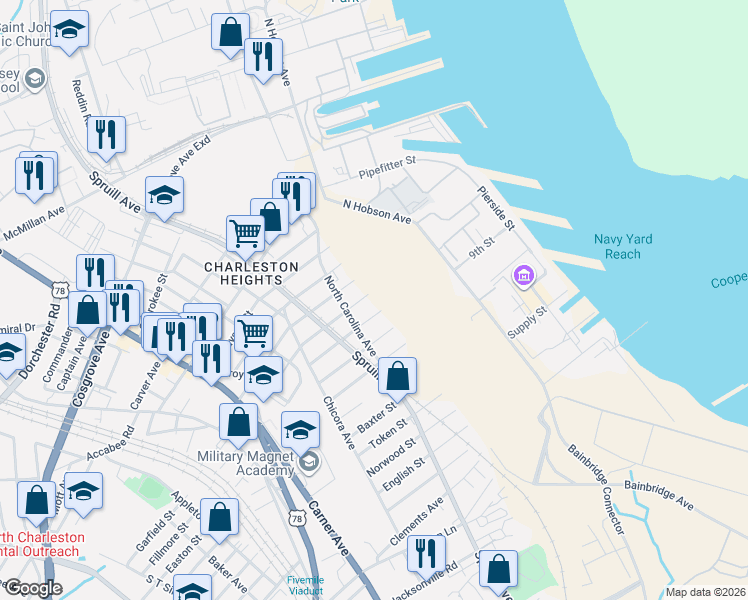 map of restaurants, bars, coffee shops, grocery stores, and more near 1802 Orvid Street in North Charleston