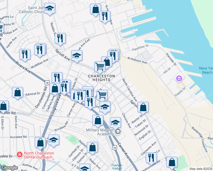 map of restaurants, bars, coffee shops, grocery stores, and more near 3204 Florida Avenue in North Charleston