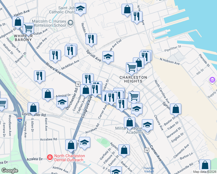 map of restaurants, bars, coffee shops, grocery stores, and more near 3314 Goldenrod Street in North Charleston
