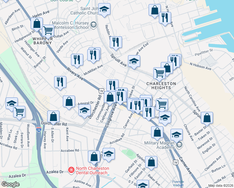 map of restaurants, bars, coffee shops, grocery stores, and more near 3400 Rivers Avenue in North Charleston