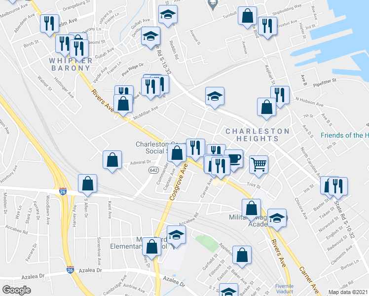 map of restaurants, bars, coffee shops, grocery stores, and more near 3400 Rivers Avenue in North Charleston
