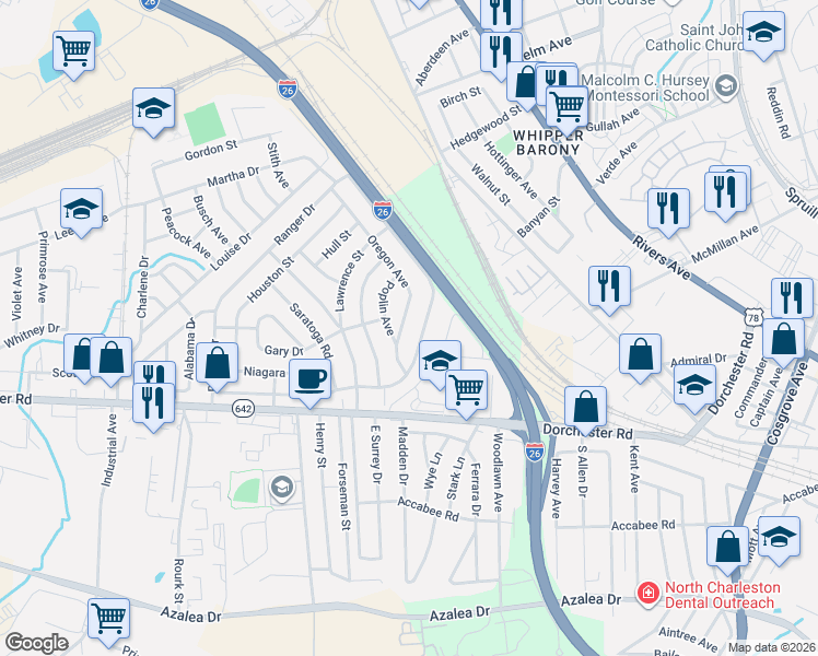 map of restaurants, bars, coffee shops, grocery stores, and more near 2615 Ranger Drive in North Charleston