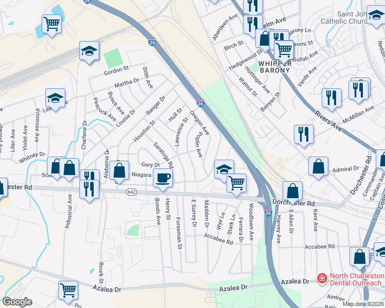 map of restaurants, bars, coffee shops, grocery stores, and more near 2674 Poplin Avenue in North Charleston
