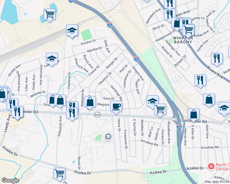 map of restaurants, bars, coffee shops, grocery stores, and more near 4049 Gary Drive in North Charleston