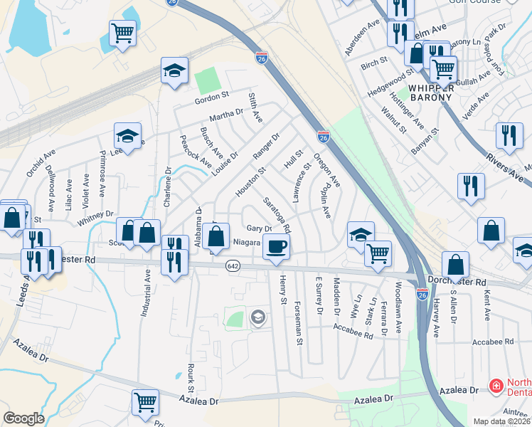 map of restaurants, bars, coffee shops, grocery stores, and more near 4049 Gary Drive in North Charleston