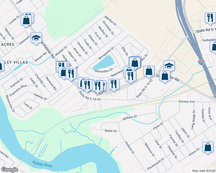 map of restaurants, bars, coffee shops, grocery stores, and more near 5130 Dorchester Road in North Charleston