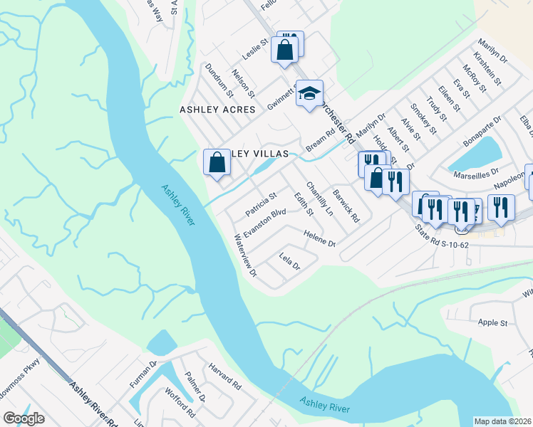 map of restaurants, bars, coffee shops, grocery stores, and more near 4340 Evanston Boulevard in North Charleston