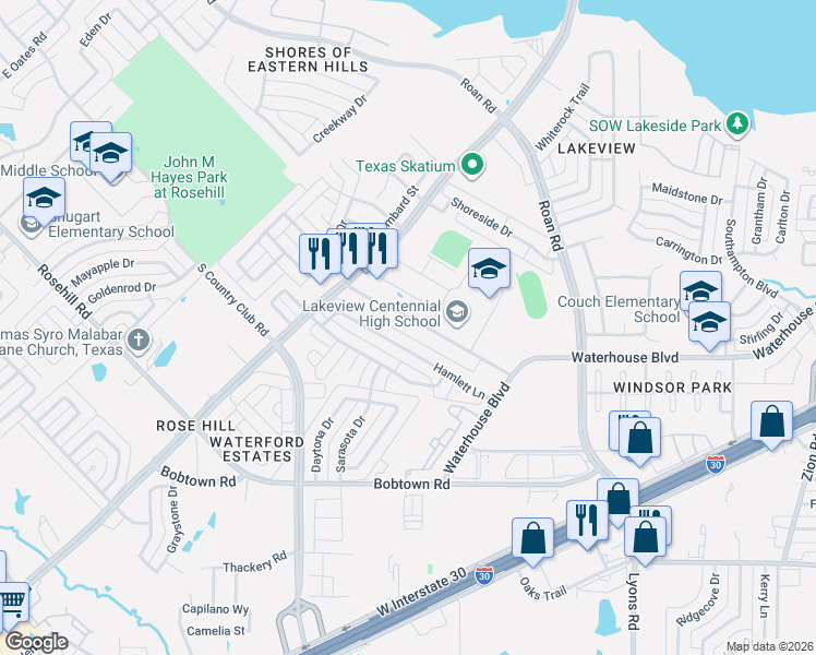 map of restaurants, bars, coffee shops, grocery stores, and more near 3301 Hamlett Lane in Garland