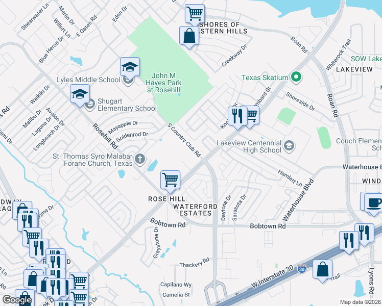 map of restaurants, bars, coffee shops, grocery stores, and more near 5013 South Country Club Road in Garland