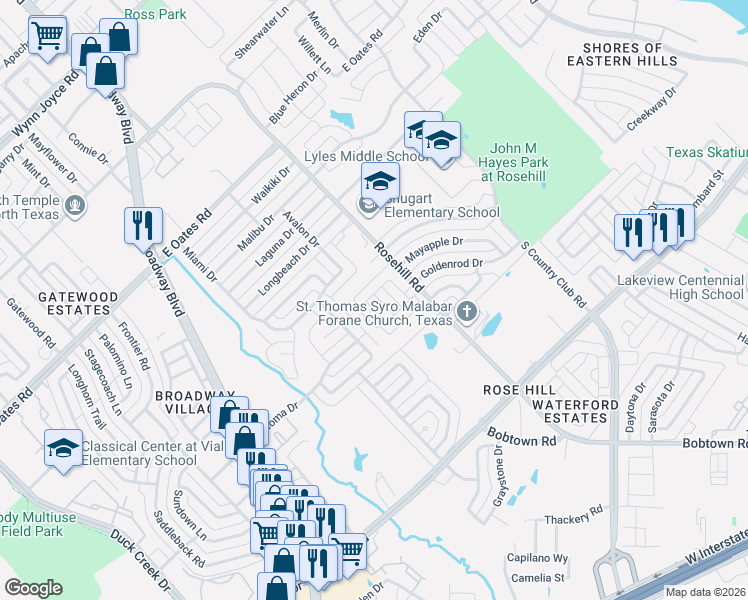 map of restaurants, bars, coffee shops, grocery stores, and more near 4809 Prairie Aster Drive in Garland
