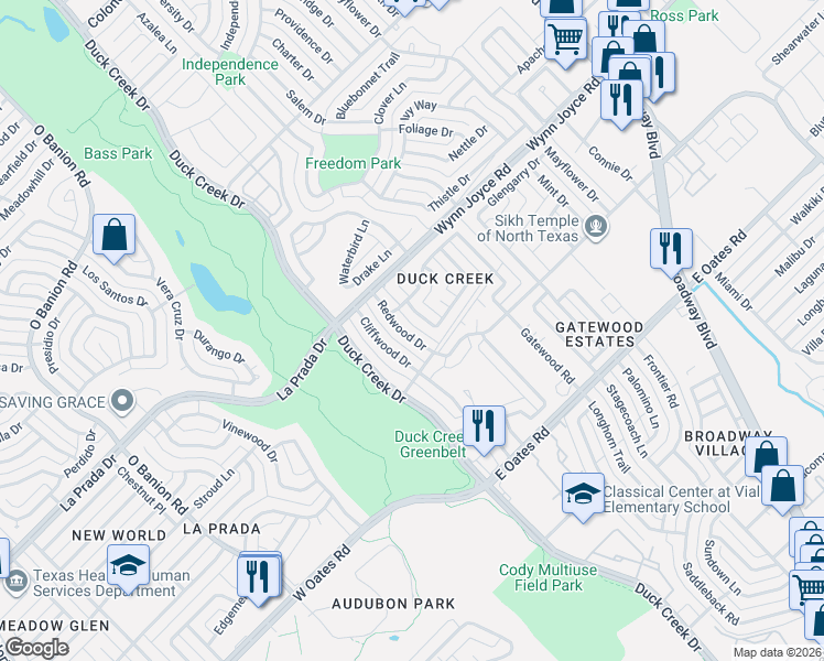 map of restaurants, bars, coffee shops, grocery stores, and more near 4718 Redwood Drive in Garland
