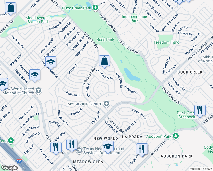 map of restaurants, bars, coffee shops, grocery stores, and more near 4910 Willowhaven Circle in Garland