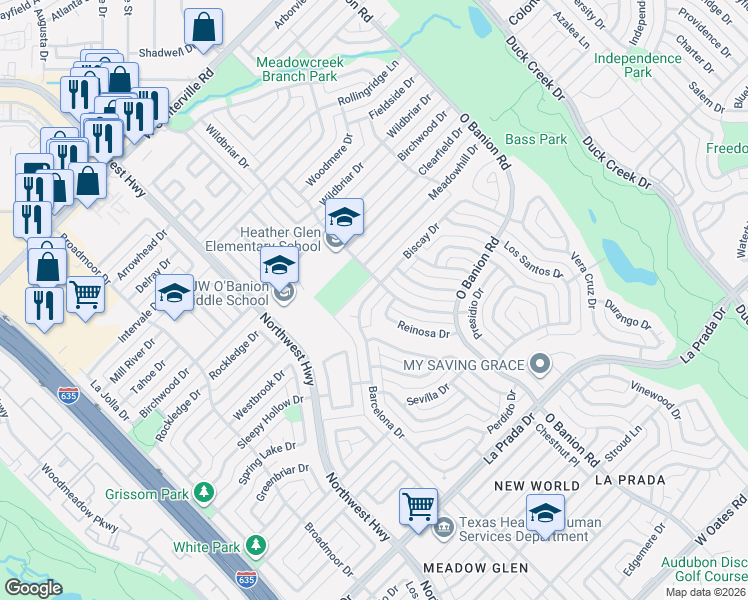 map of restaurants, bars, coffee shops, grocery stores, and more near 5018 Barcelona Drive in Garland