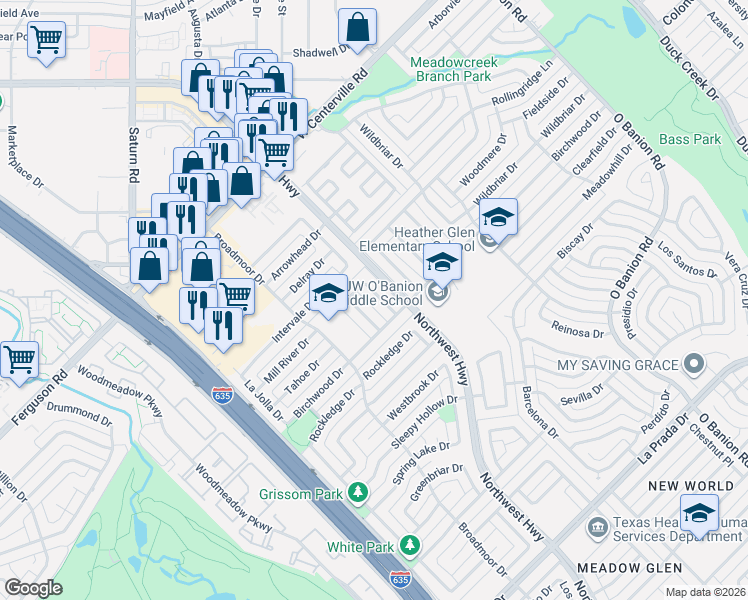 map of restaurants, bars, coffee shops, grocery stores, and more near 805 Brookshire Circle in Garland