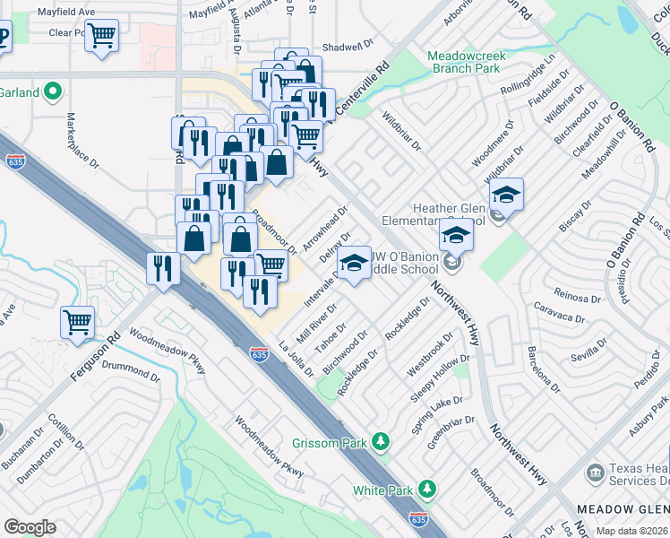 map of restaurants, bars, coffee shops, grocery stores, and more near 914 Intervale Drive in Garland