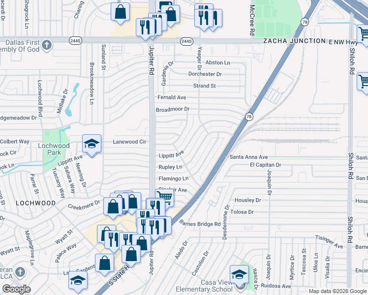 map of restaurants, bars, coffee shops, grocery stores, and more near 11449 Lippitt Avenue in Dallas