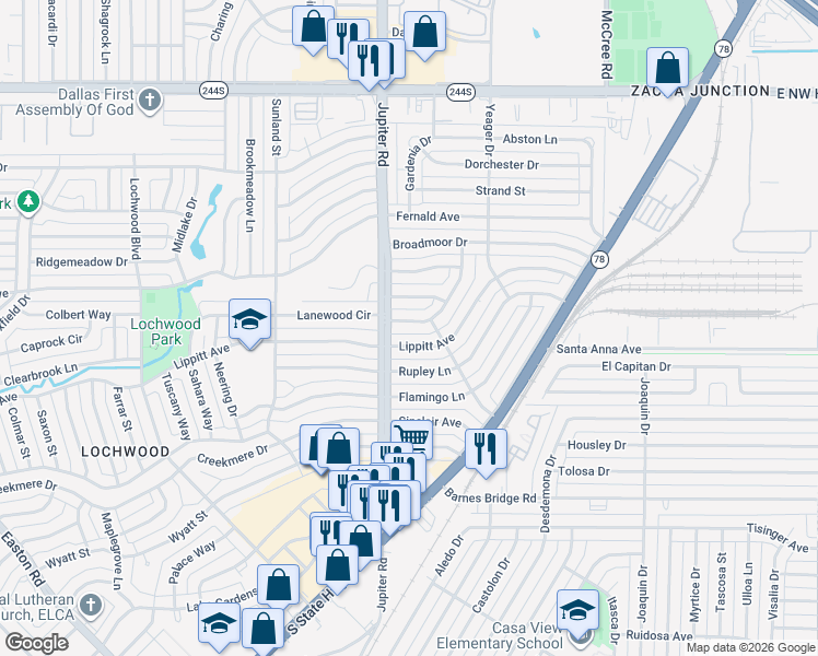 map of restaurants, bars, coffee shops, grocery stores, and more near 11413 Lippitt Avenue in Dallas