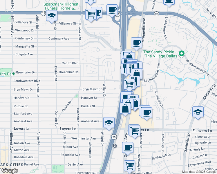map of restaurants, bars, coffee shops, grocery stores, and more near 7814 Bryn Mawr Drive in Dallas