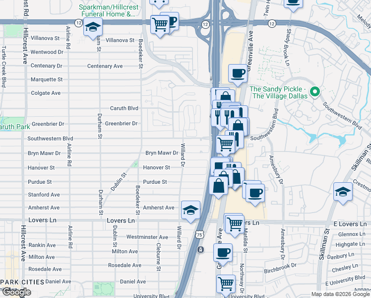 map of restaurants, bars, coffee shops, grocery stores, and more near 7814 Bryn Mawr Drive in Dallas