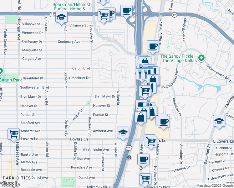 map of restaurants, bars, coffee shops, grocery stores, and more near 7726 Bryn Mawr Drive in Dallas