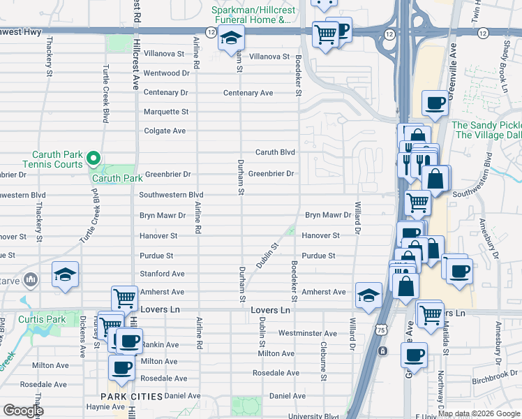 map of restaurants, bars, coffee shops, grocery stores, and more near 2929 Bryn Mawr Drive in Dallas