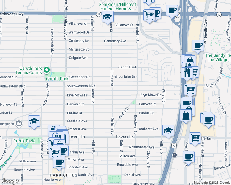 map of restaurants, bars, coffee shops, grocery stores, and more near 3024 Bryn Mawr Drive in Dallas